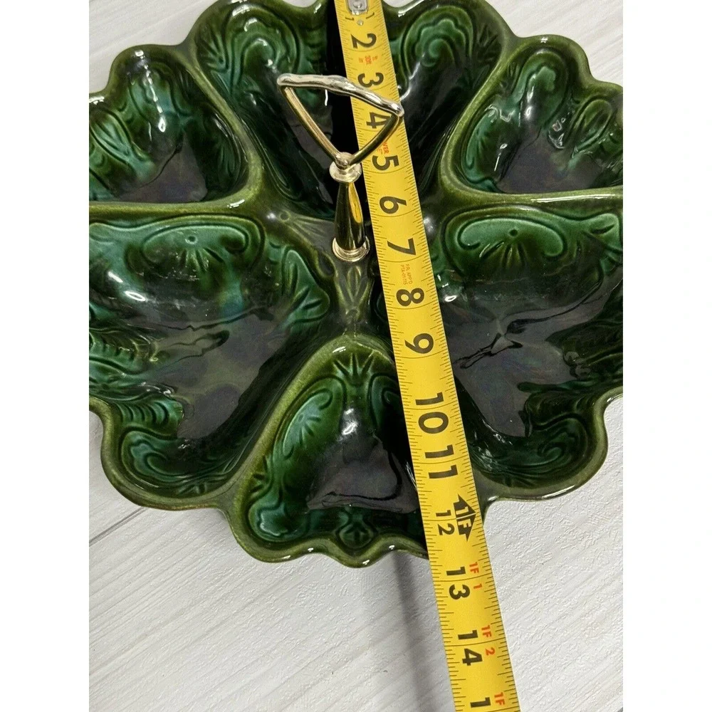 Vintage Art Deco Green Ceramic Divided Serving Tray with Gold Handle Floral Leaf